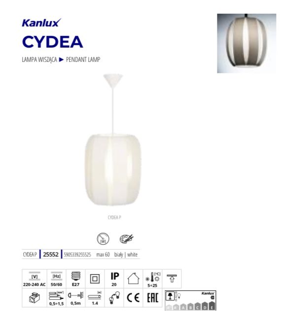 Светильник подвесной CYDEA P, E27, IP20, белый, Kanlux 25552 - фото 2