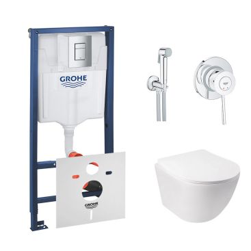 Комплект инсталляция Grohe Rapid SL 38772001 + унитаз с сиденьем Qtap Jay QT07335176W + набор для гигиенического душа со смесителем Grohe BauClassic 2904800S