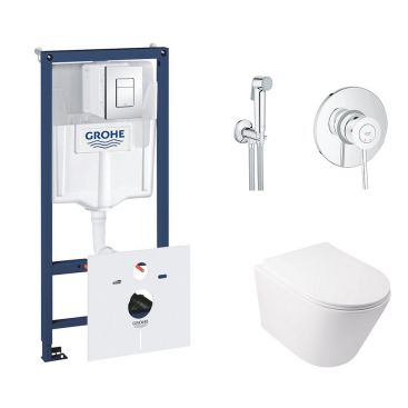 Комплект инсталляция Grohe Rapid SL 38827000 + унитаз с сиденьем Qtap Swan QT16335178W + набор для гигиенического душа со смесителем Grohe BauClassic 2904800S