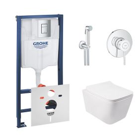 Комплект инсталляция Grohe Rapid SL 38772001 унитаз с сиденьем Qtap Crow QT05335170W набор для гигиенического душа со смесителем Grohe BauClassic 2904800S