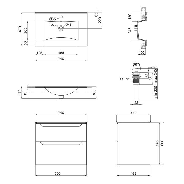 Комплект Qtap Scorpio 710х585х460 Graphite тумба подвесная раковина врезная QT1472TPВ7023070CG - фото 5