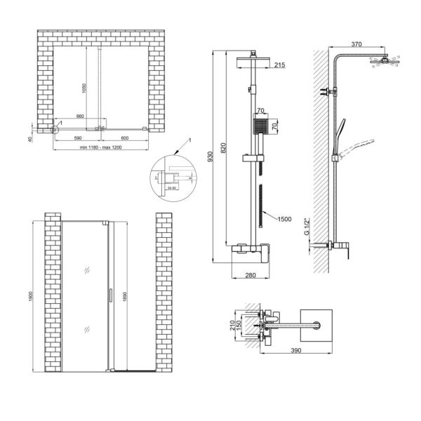 Готове рішення Qtap 13 Стіна Walk In GLIDE 120x190 Душ система - фото 6